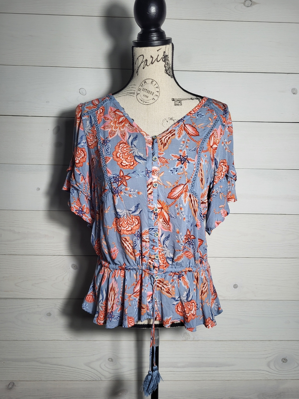 Democracy Top Peplum Floral Ruffle Flutter Sleeves Flowy BOHO Festival.